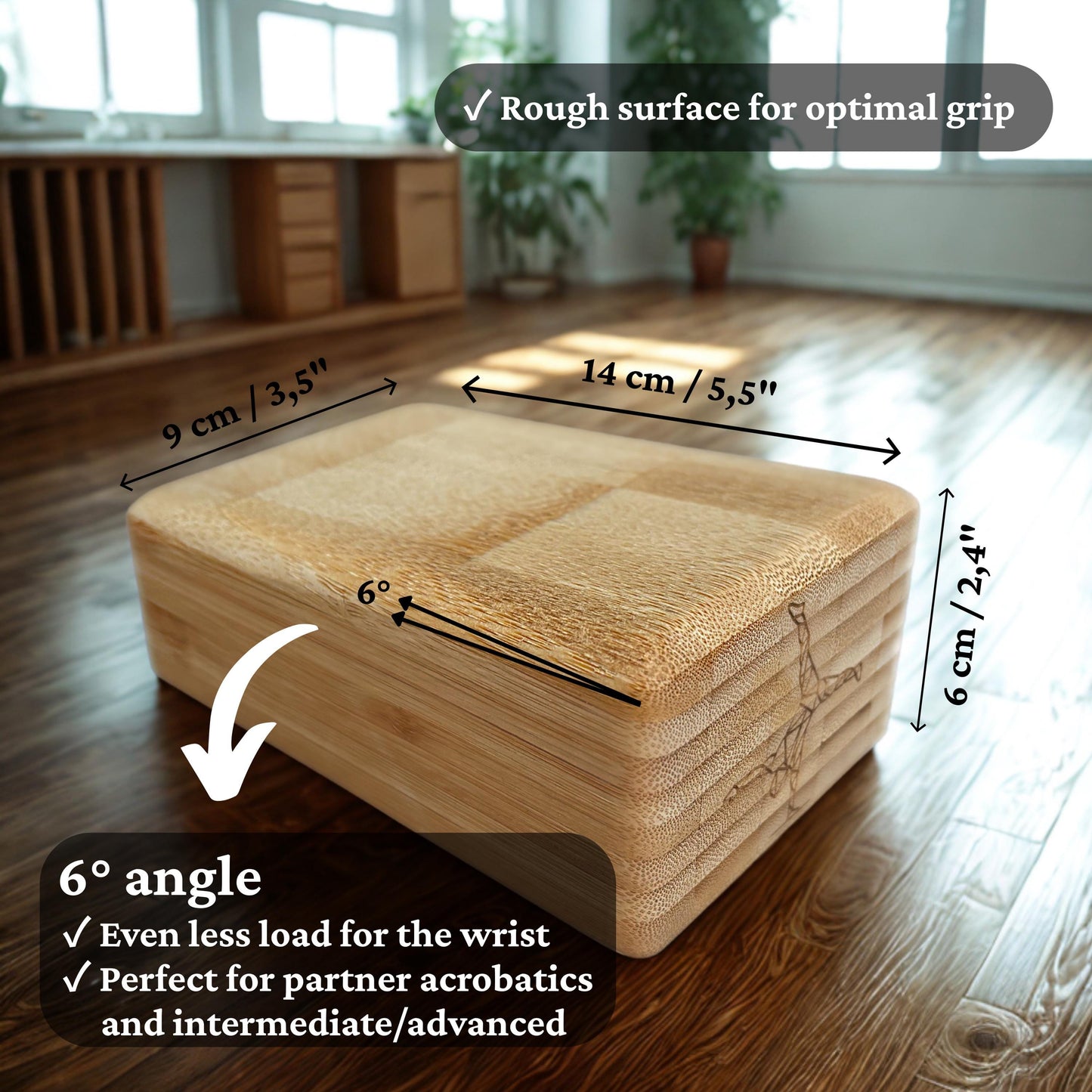 Anti-Slip Handstand Blocks from Bamboo, 6 Degree Angle with fixed Silicon Pad for Acroyoga, Acrobatics and Hand-balancing. (2 pieces)
