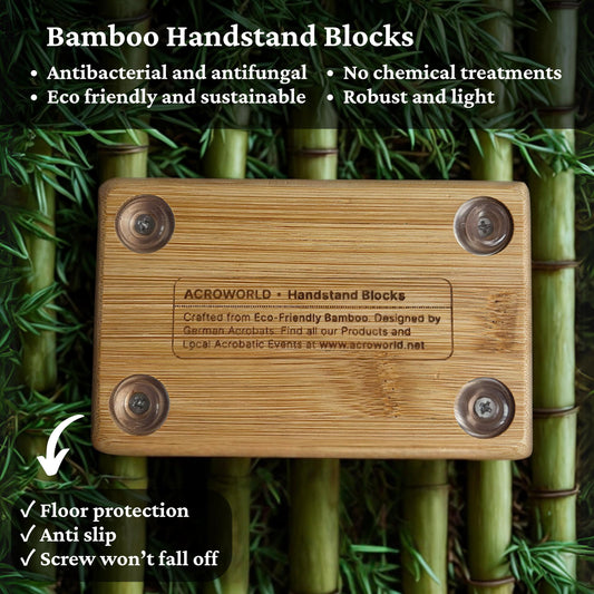 Anti-Slip Handstand Blocks from Bamboo with fixated Silicon Pad for Calisthenics, Yoga, Acroyoga, Acrobatics and Hand-balancing. (2 pieces)