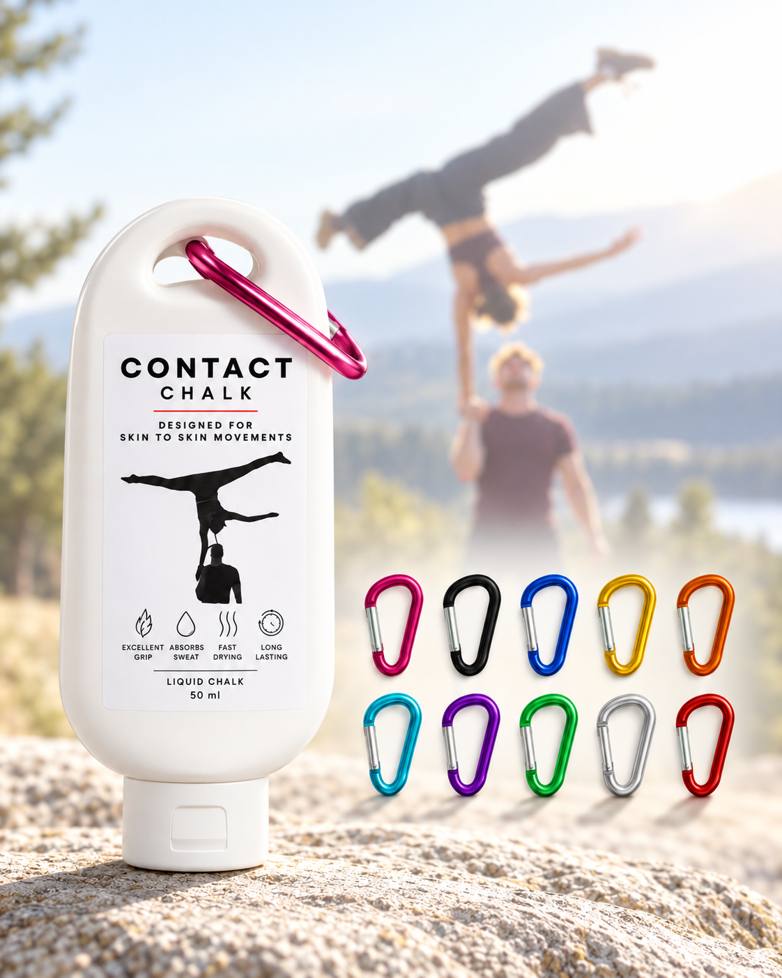 Contact Chalk liquid chalk 50 ml bottle with carabiner and 10 carabiner colors, acroyoga hand-to-hand in the background