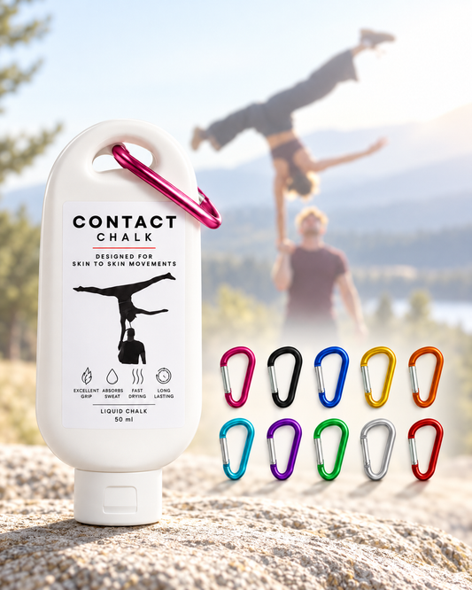 Contact Chalk liquid chalk 50 ml bottle with carabiner and 10 carabiner colors, acroyoga hand-to-hand in the background