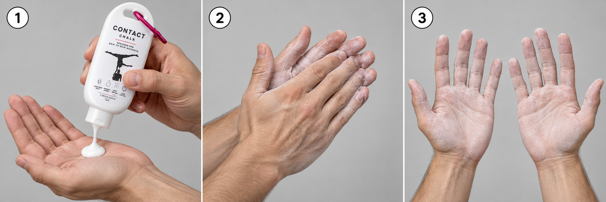 How to use Contact Chalk liquid chalk: apply a coin-sized amount, rub in, let dry – chalked hands ready for acro