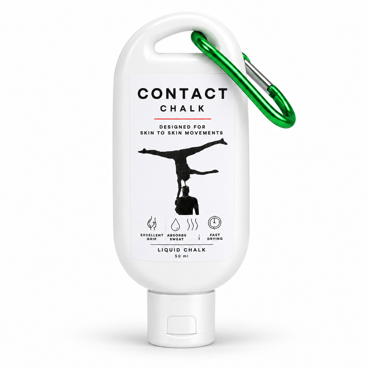 Contact Chalk liquid chalk 50 ml bottle with green carabiner for acroyoga and partner acrobatics