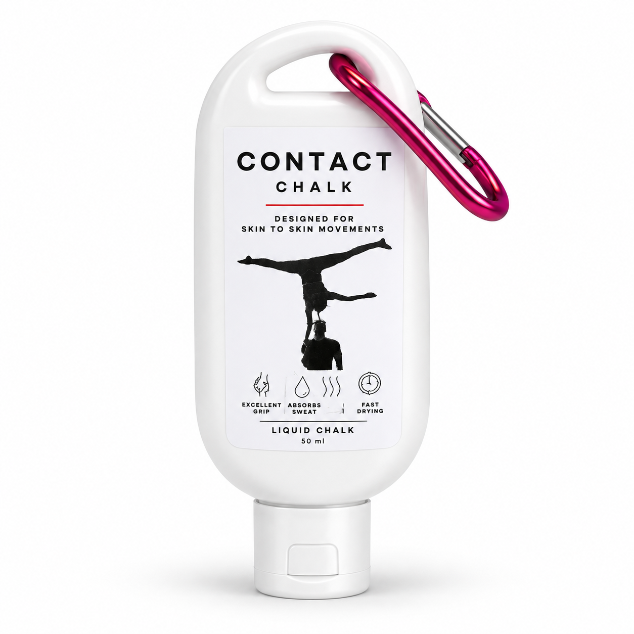 Contact Chalk liquid chalk 50 ml bottle with pink carabiner for acroyoga and partner acrobatics