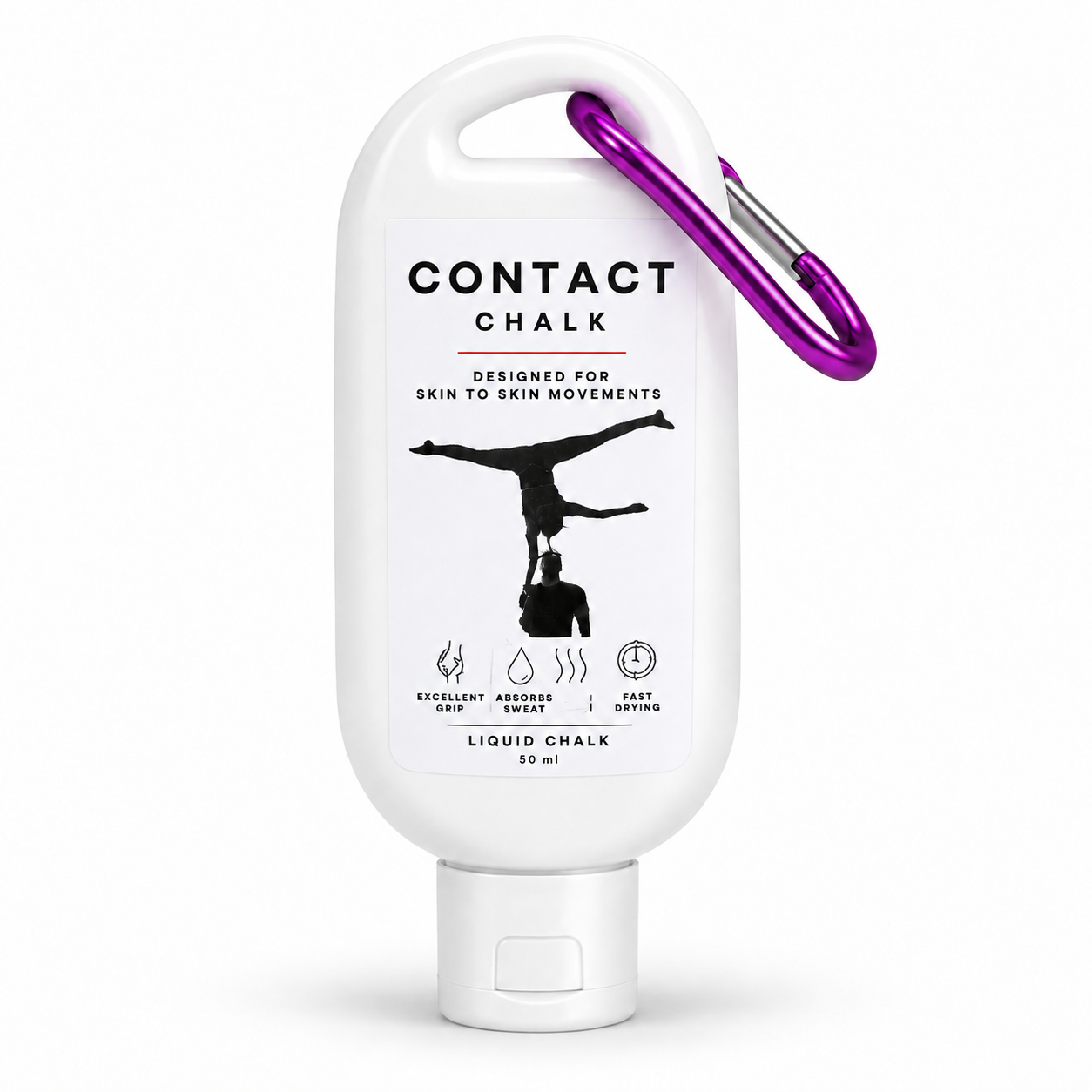 Contact Chalk liquid chalk 50 ml bottle with purple carabiner for acroyoga and partner acrobatics