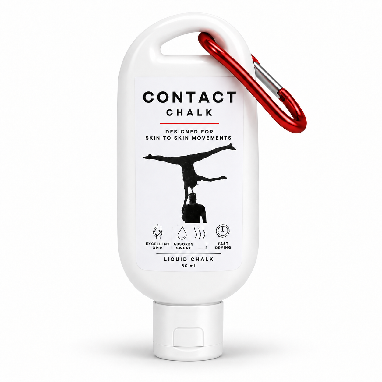 Contact Chalk liquid chalk 50 ml bottle with red carabiner for acroyoga and partner acrobatics