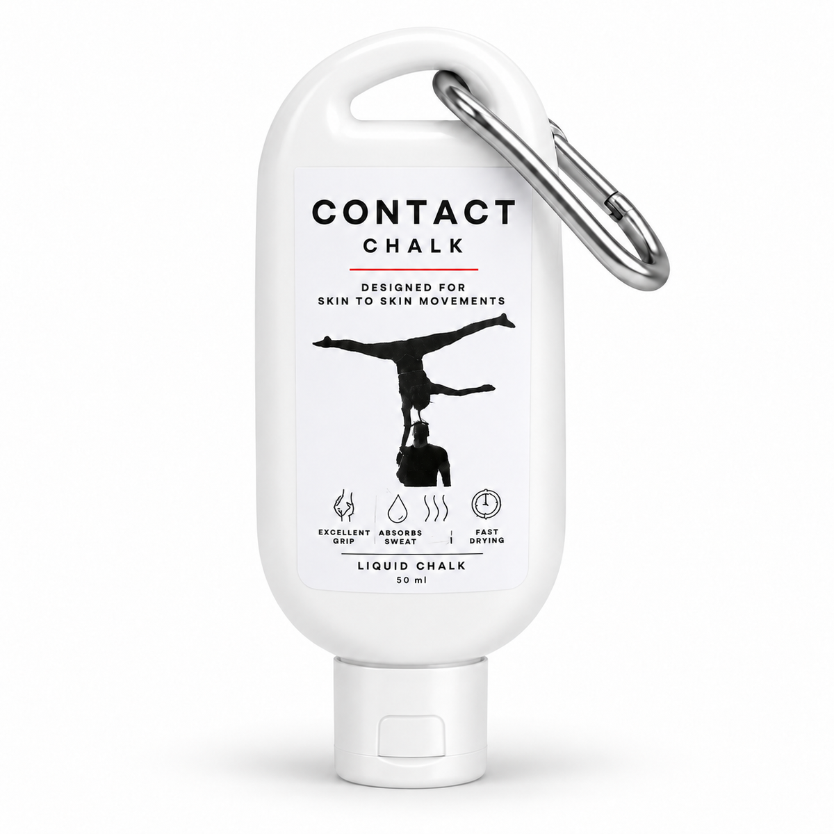 Contact Chalk liquid chalk 50 ml bottle with silver carabiner for acroyoga and partner acrobatics