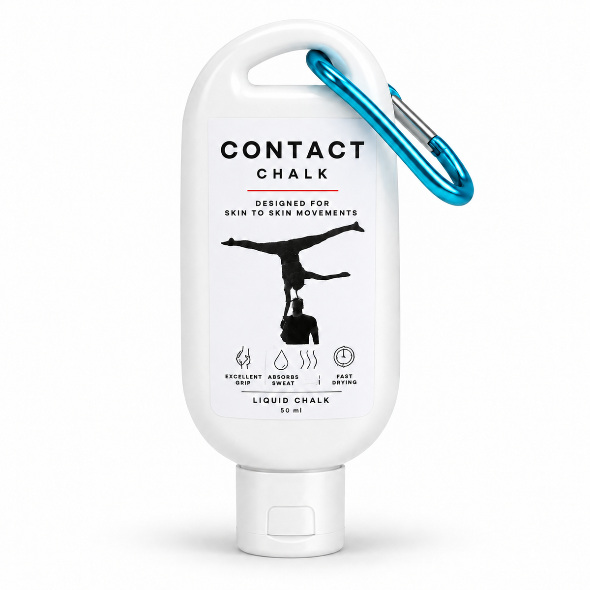 Contact Chalk liquid chalk 50 ml bottle with turquoise carabiner for acroyoga and partner acrobatics